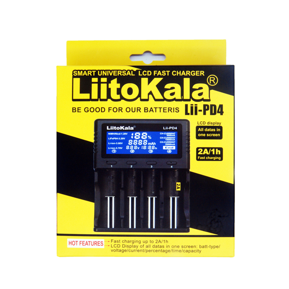 

Liitokala Lii-PD4 Charger can charge 4 batteries 1.2V 3.7V support 18650 18350 21700 20700B 26650 1.2V AA AAA NiMH lithium battery Charger