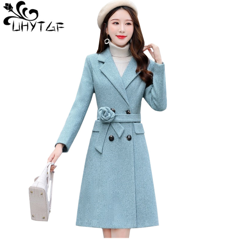 

UHYTGF Casual autumn winter wool coat fashion Double-breasted quality woolen coats lapel belt Slim long jacket 2XL plus size 480, Blue