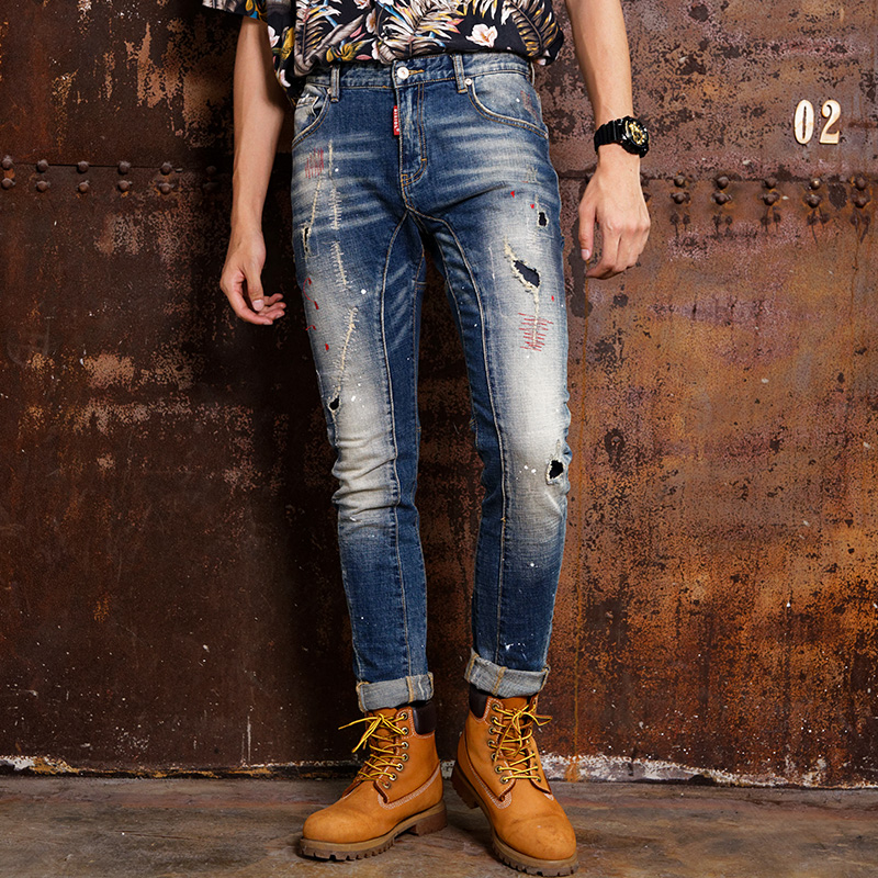 

Fashion Streetwear Men Jeans Retro Blue Slim Fit Elastic Ripped Jeans Spliced Paint Designer Denim Pants Hip Hop Homme