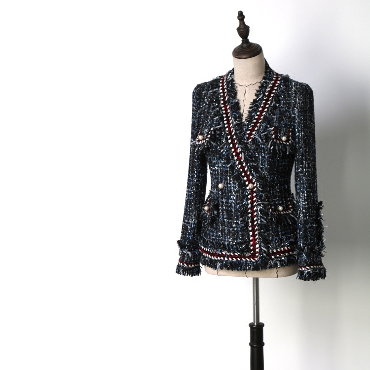 

Autumn Winter 2020 Elegant Women V Neck Single Breasted Blends Vintage Long Sleeve Pearl Button Outwear Coat Female Jacket, Blue