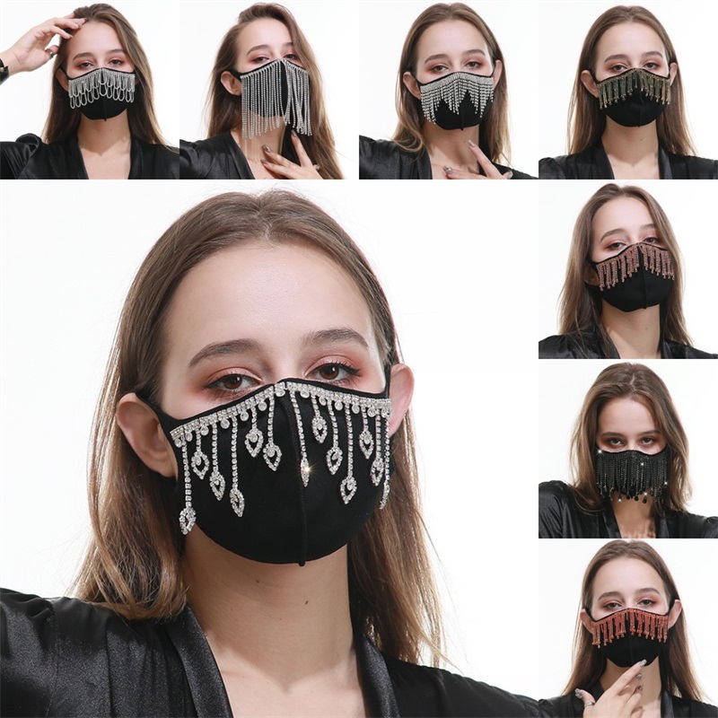 

Black Protection Reusable Mascarilla Cotton Cloth Face Mask Dustproof Water Drop Tassels Mouth Respirator Breathable Jewel Adults 16 5rg B2, As show