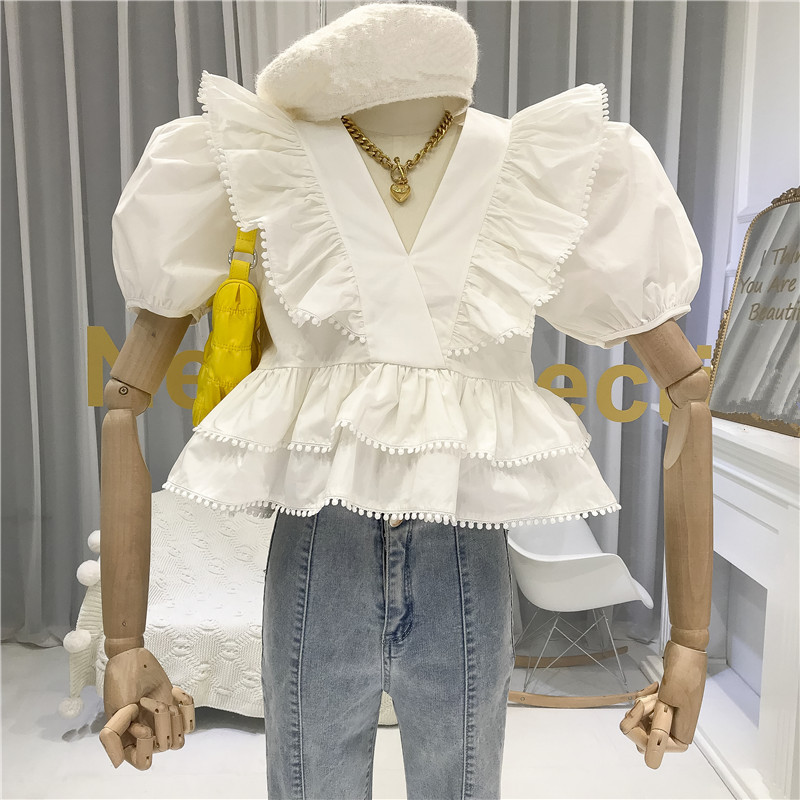 

Sweet Ladies Puff Short Sleeve Layered Ruffles Blouse Summer Womens Sexy V-Neck Solid Blouses Tops Blusas Tunic Short Shirt Tees, White