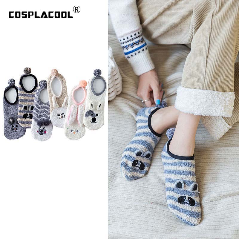 

Warm Embroidery Coral Fleece Funny Socks Harajuku Korean Cute Cartoon Floor Socks Women Divertidos Creative Sokken Chaussette