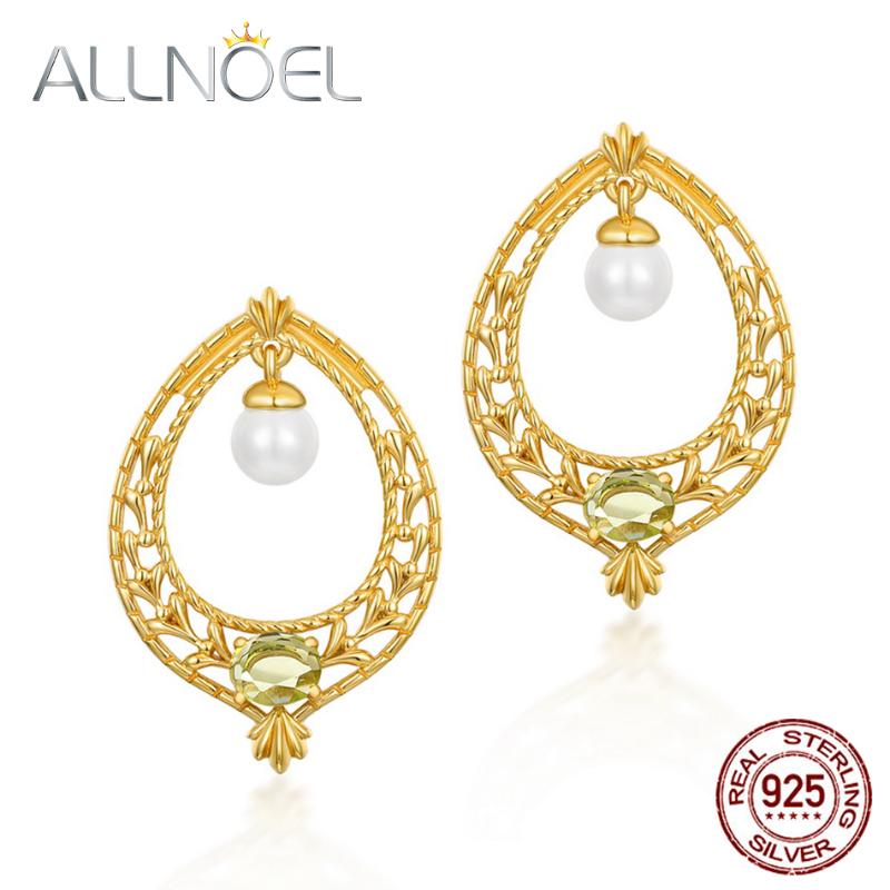 

ALLNOEL 925 Sterling Silver Earrings For Women 100% Natural Peridot Shell Pearl Jewelry 9k Gold Plating Statement Earrings New