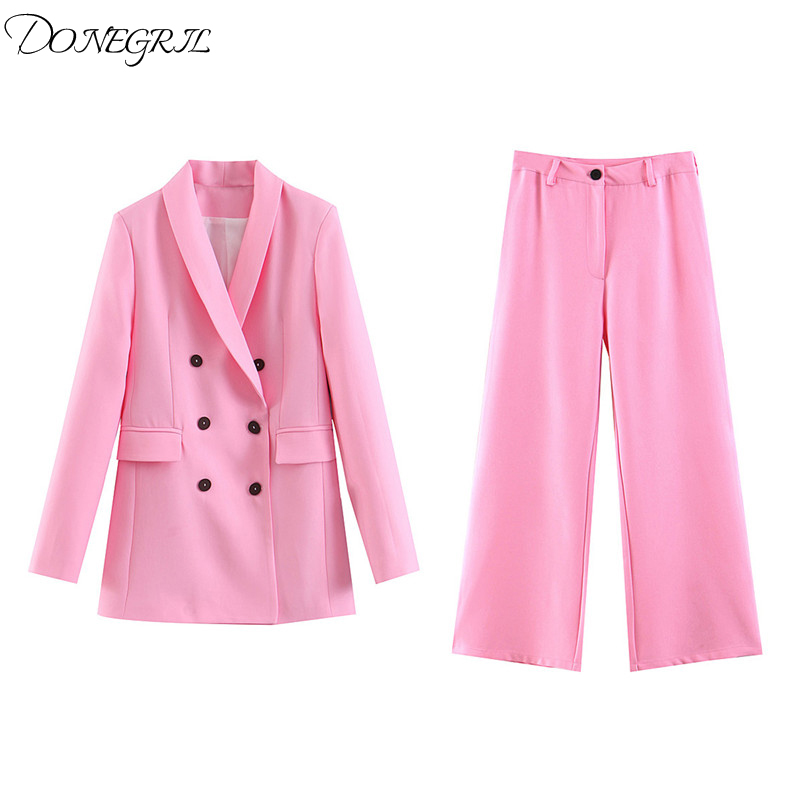 

Pink Blazer 2020 Office Lady Suit Set Double Breasted Long Blazer Jacket High Waist Straight Pants Two Piece Set, Pink trousers