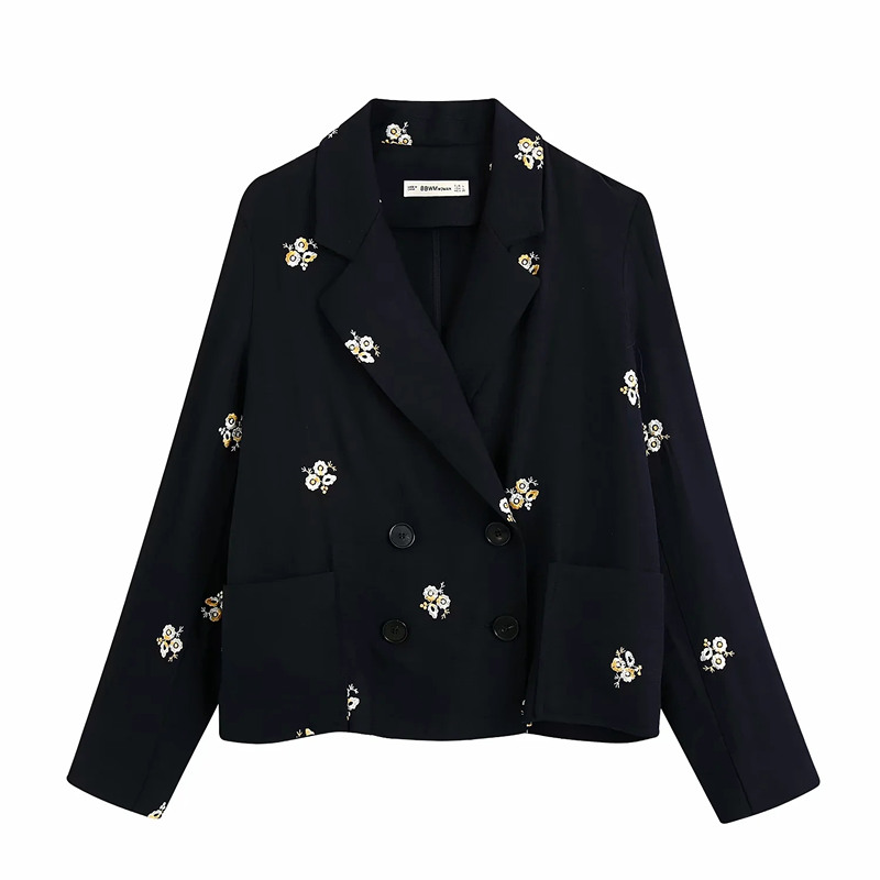 

Black Blazer Women Fashion Embroidery Blazers Jacket Double Breasted Long sleeve Suit Jackets High quality Casual Blazer Coat