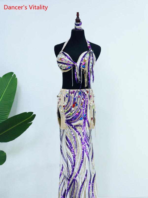 

Belly Dance High-end Custom Suit Female Adult Colored Diamonds Bra Set Girl Sequins Double Split Performance Long Skirt, Purple