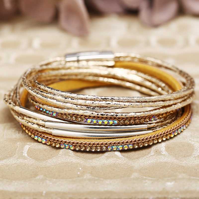 

vintage boho jewellery gold multi layer leather Magnetic buckle crystal bead braided bracelet boyfriend girlfriend bracelets