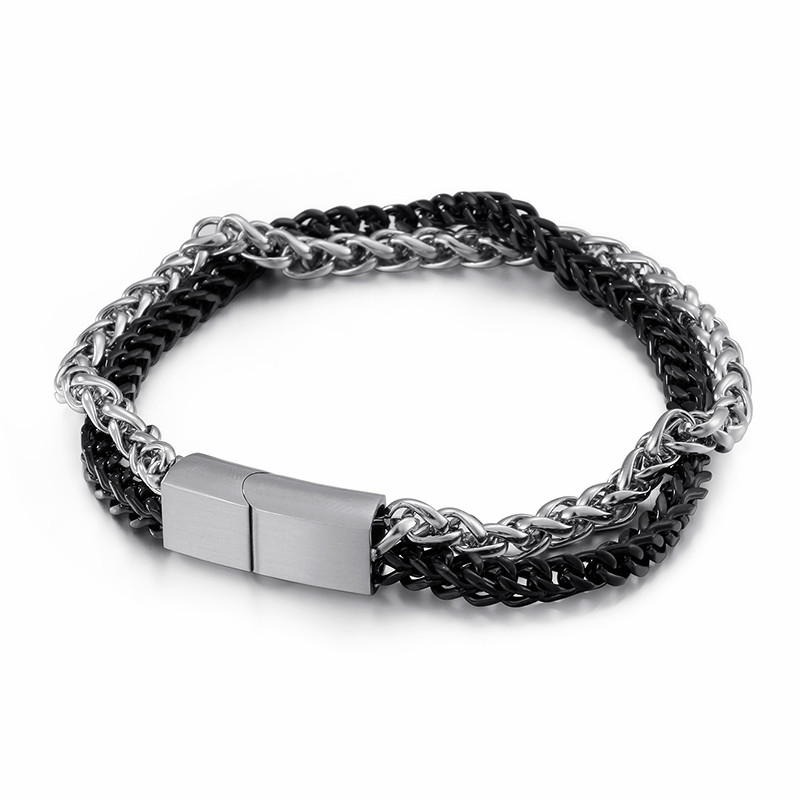 

21cm Stainless Steel Gold Double-Layer Link Chain Bracelet For Men Black & 10MM Width Hand Chain Bracelet