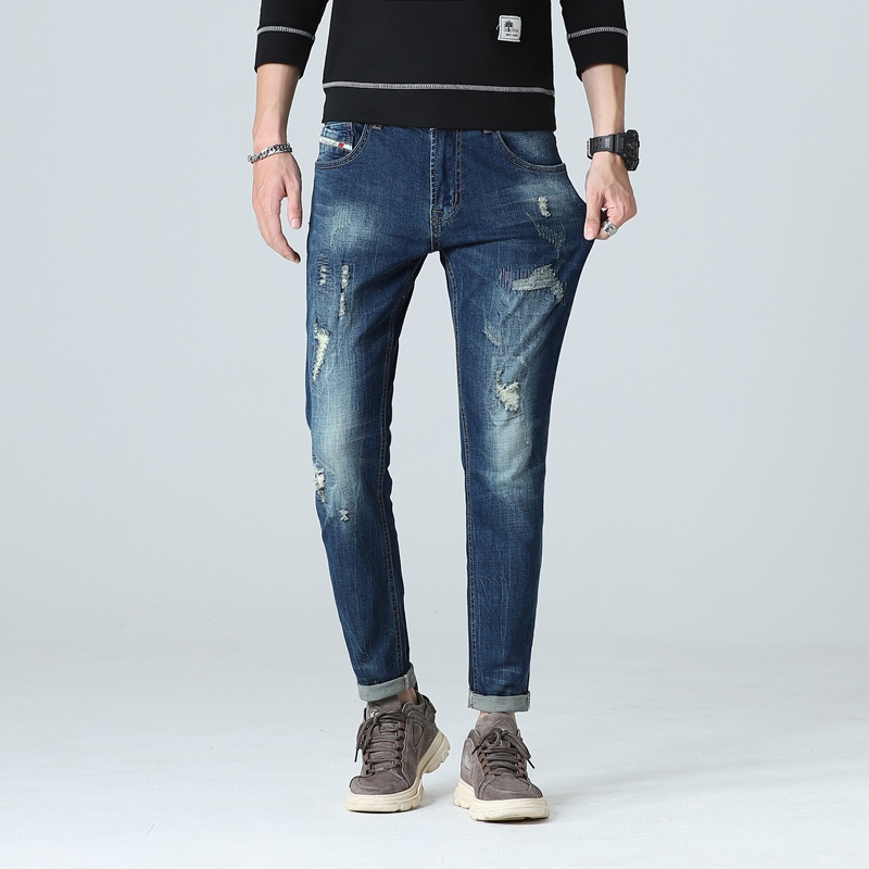 

Fashion High Quality Mens Jeans Retro Design Slim Fit Denim Ripped Jeans Mens Pants Clothing Nostalgia Color Biker Jeans,M001, Dark blue