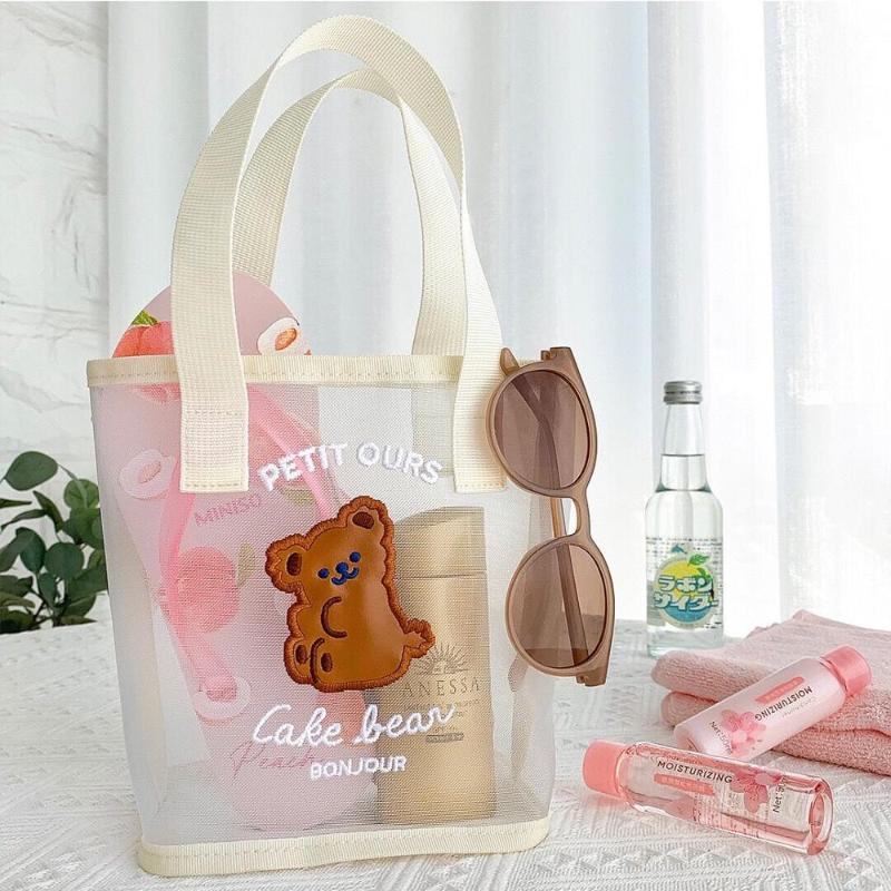 

Transparent Bear Flower Mesh Handbag Girls Summer Beach Travel Storage Bag Women Daily Shopping Bags Korea Gauze Shoulder Bags, Happy bear