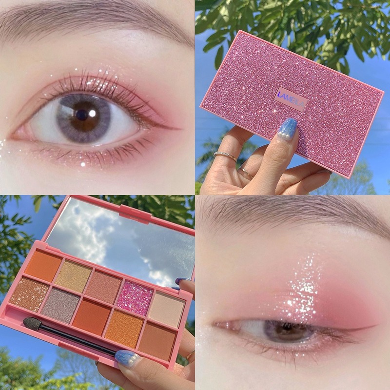 

Ten Color Eyeshadow plates, pearlescent, matte flashes, earth colored unicorns, glitter, blush, and blush. eyeshadow