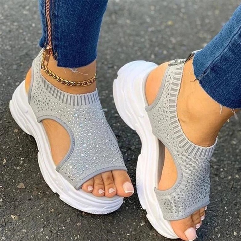 

Summer Women Wedges Sandals Knitting Open Toe Ladies Sneakers Sandals Rhinestone Platform Slip On Casual Female Shoes, Black