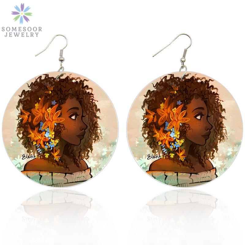 

SOMESOOR Both Sides Printing Flower Afro Curly Hair Wooden Drop Earrings Black Women Photos Dangle African Wood Jewelry