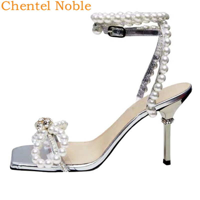 

2020 Newest Pearl Rhinestones High Heel Buckle Sandals Square Toe Summer Shoes Embellished Bead Fairy Style Women Sandals, As picture