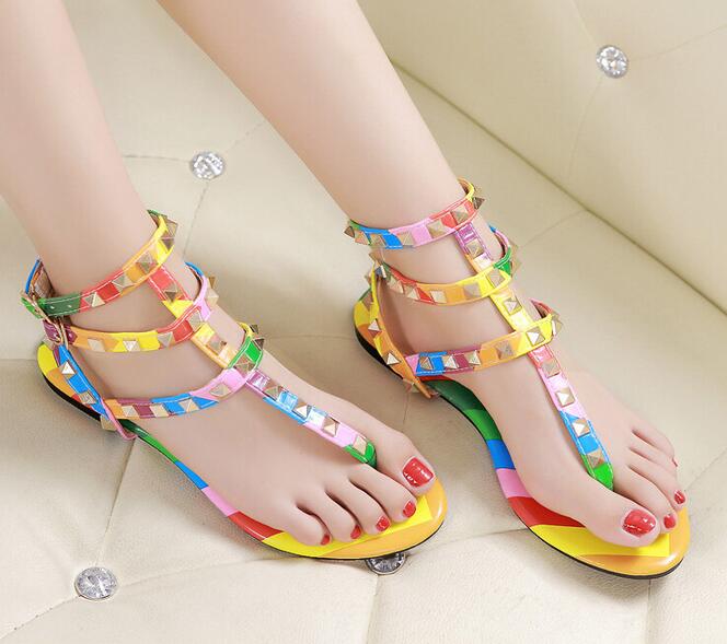 

Quality Fashion Rainbow Color Gladiator Sandals Women Designer Brand Rivets Flip Flops T Strap-sandals Ankle Belt Roman Shoes, Multi