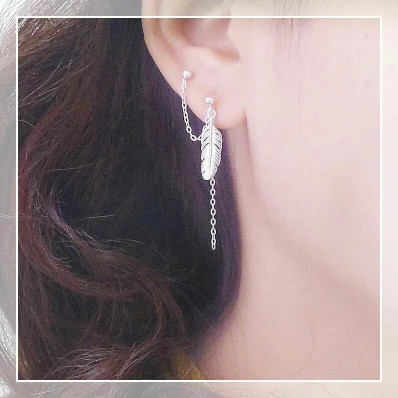 

Original Design 925 Sterling Silver two ear hole piece stud earring Plant Shape star Tassel personality boy girl ear jewelry