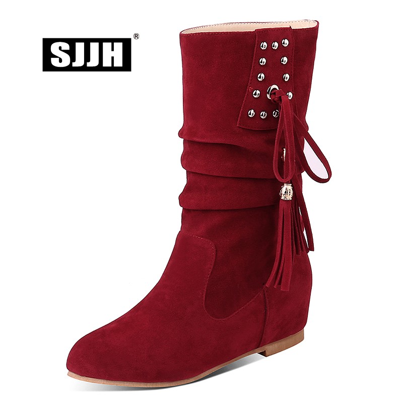 

SJJH Women Tassel Mid-Calf Boots with Round Toe Wedges Pleated Short Plush Boots Fashion Casual Shoes Large Size E003, Black