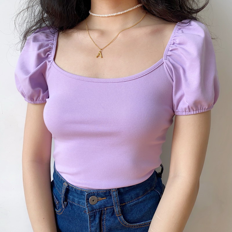 

Women Puff Sleeved Tee Casual Fitted T-shirt with Puff Sleeve, Violet