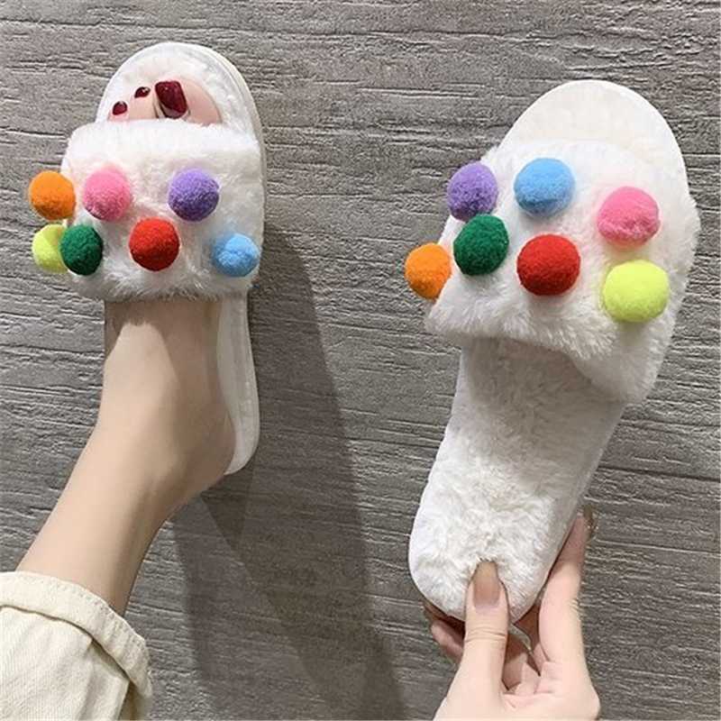 

2020 Winter Women Fashion Fur Slipper Plush Warm Flat Indoor Shoes Female Cartoons Furry ball Pattern Home Women Fluffy Slippers, Black