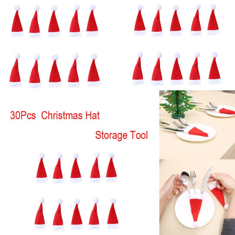 

30Pcs New Year Santa Hat Christmas Pocket Fork Knife Cutlery Holder Bag Home Party Dinner Tableware Decoration For New Year