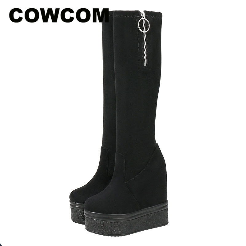 

COWCOM 15CM Thickening Bottom Female Boots Elastic Autumn Winter Black Boots Thick Platform Slim Women ZYW