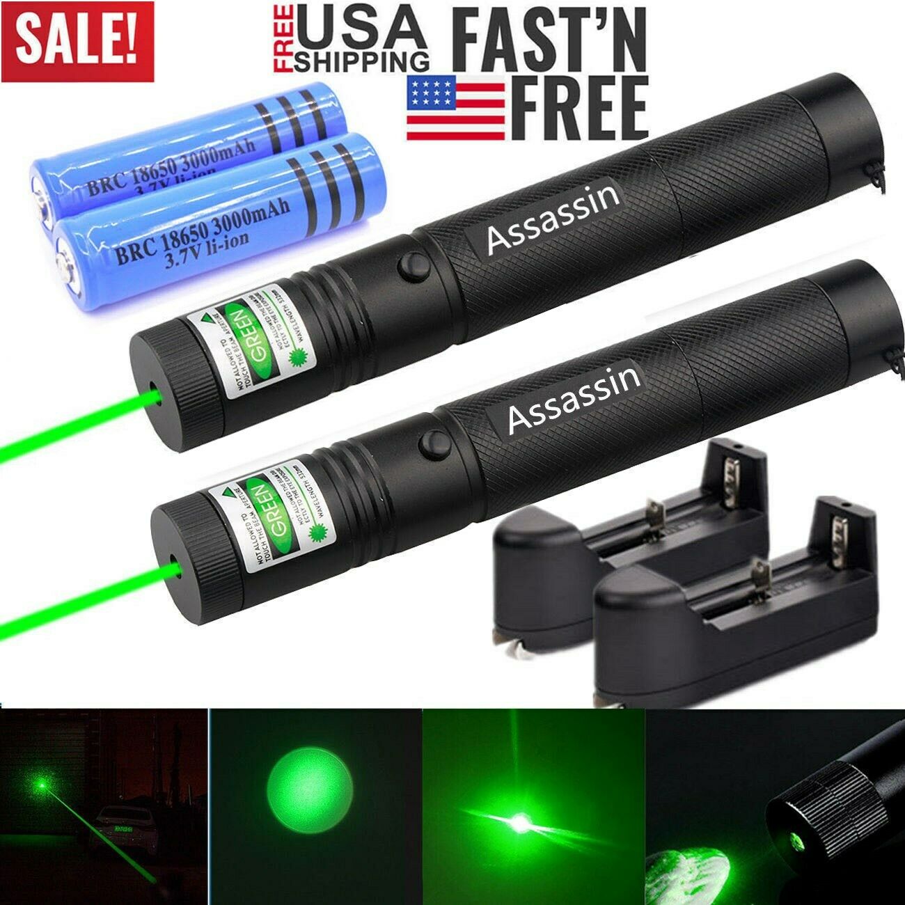 

2PACK Focus 1mw 900Miles Burning Powerful Green Laser Pen Pointer 532nm Visible Beam Cat Toy Military Green Laser+18650 Battery+Charger