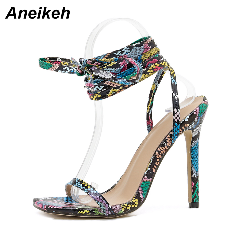 

Aneikeh NEW 2020 Summer Fashion Women Shoes Sandals Ankle Strap PU Lace-Up Front & Rear Strap Cross-tied Thin Heels Party Colour
