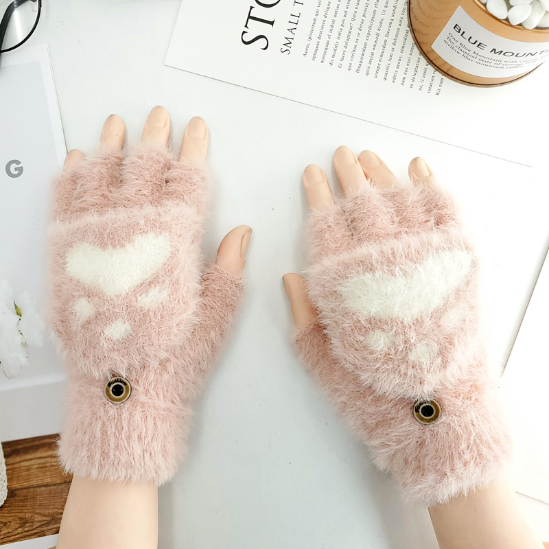 

Women's Winter Warm Touch Screen Gloves Cute Cat Claw Sensory Fingerless Gloves Knitted Fluff Outdoor Flip Cover 1 Pair
