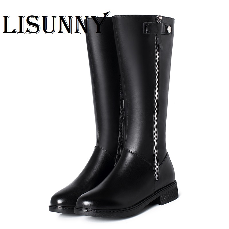 

2020 New Women Winter Long Boots Genuine Leather Big Size 41 42 43 Wool Long Boots Women Zipper Riding, Black fluff
