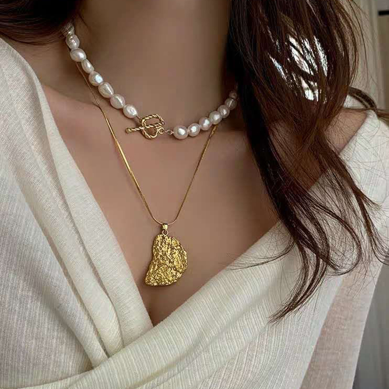 

AENSOA Fashion Multi Layer Gold Color Chains Pearl Necklaces Irregular Geometric Metal Pendants Necklaces For Women Beads Choker