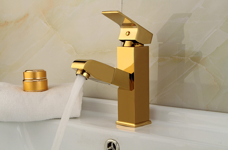 

Copper basin faucet titanium golden pull hot and cold water luxury square European style washbasin head