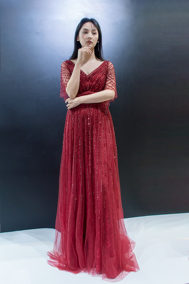 

5701 In Stock Classic Evening Gowns Beads Sequins V-neck Zipper Prom Dresses Women Party Wear Sale, White