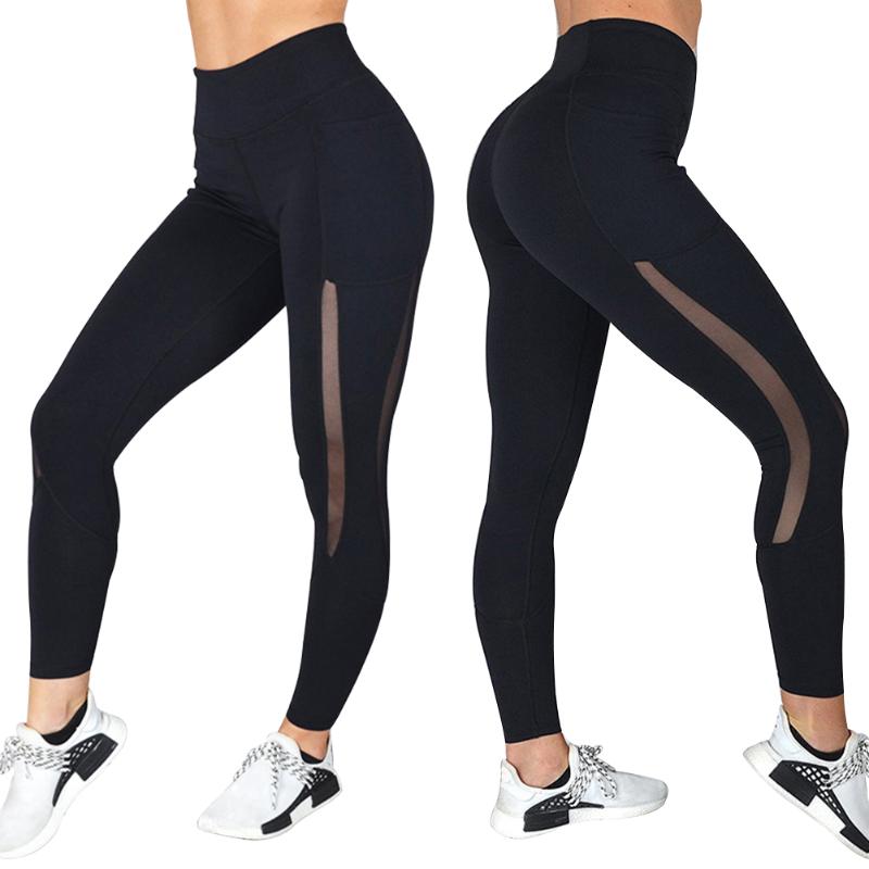 

Women Casual Pocket Solid Fitness High Waist Yoga Pants Running Sports Training Leggings Fashion Long Polyester Mesh Adults, Grey