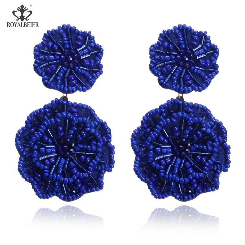 

ROYALBEIER Bohemia 2020 Trendy Earring Blue Beads Flower Fringes Dangle Drop Earrings Wedding Jewelry For Woman's Big Earrings
