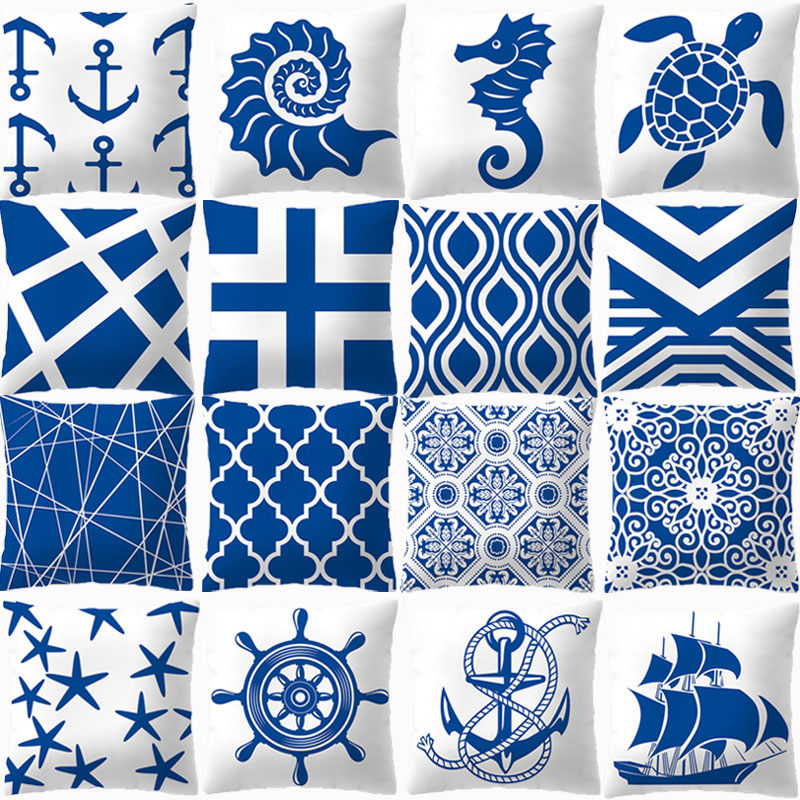 

Decorative Cushion Cover Blue Geometric Sea Pattern Throw Pillow Covers Decor Home Single Side Print Pillowcases, 10494-001