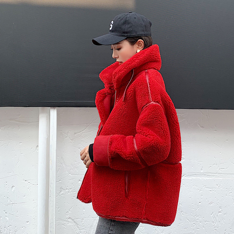 

Winter Women High Quality lambswool Fur OverCoats Luxury Short casual Thick Warm Plus Size Female 2020 red fashion, Army green