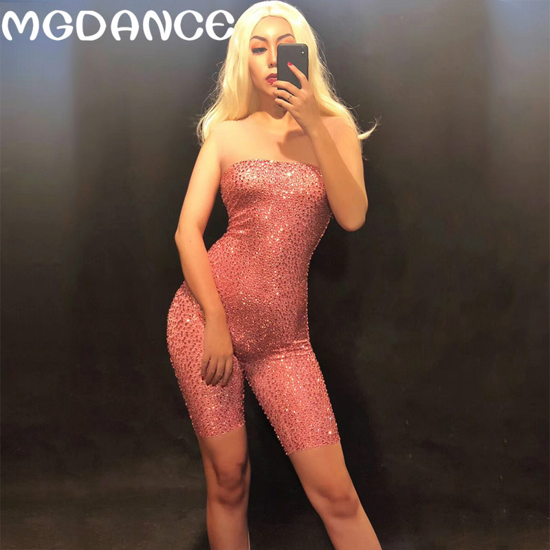 

Hot Sale Sexy Sparkly Glass Rhinestones Stretch Sleeveless Jumpsuit Women Stage Dance Show Outfit Birthday Celebrate Costume, Red