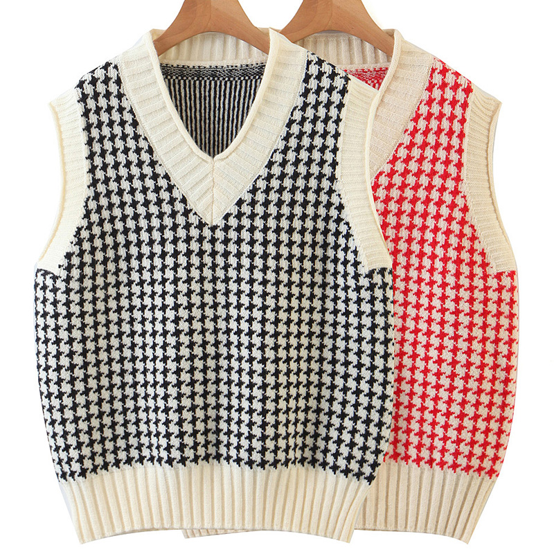 

Elina V Neck Sweaters Women Fashion Houndstooth Sweater Women Elegant Preppy Style Sleeveless Pullover Sweaters Female Ladies HT, Xqbswf513red