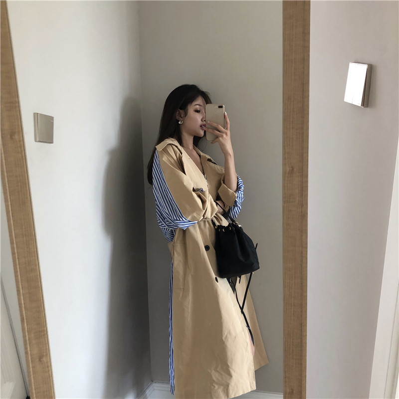 

Fashion Loose Women Striped Splicing Trench Coat With belt Autumn 2020 Female Mid-length Turn-down Double breasted Windbreaker, Khaki