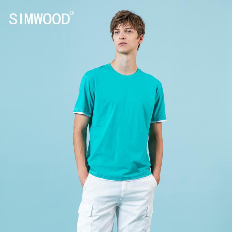 

SIMWOOD 2020 summer new t-shirt men fashion fake double layer contrast color tops casual 100% cotton breathable tees SJ150069, Royal blue
