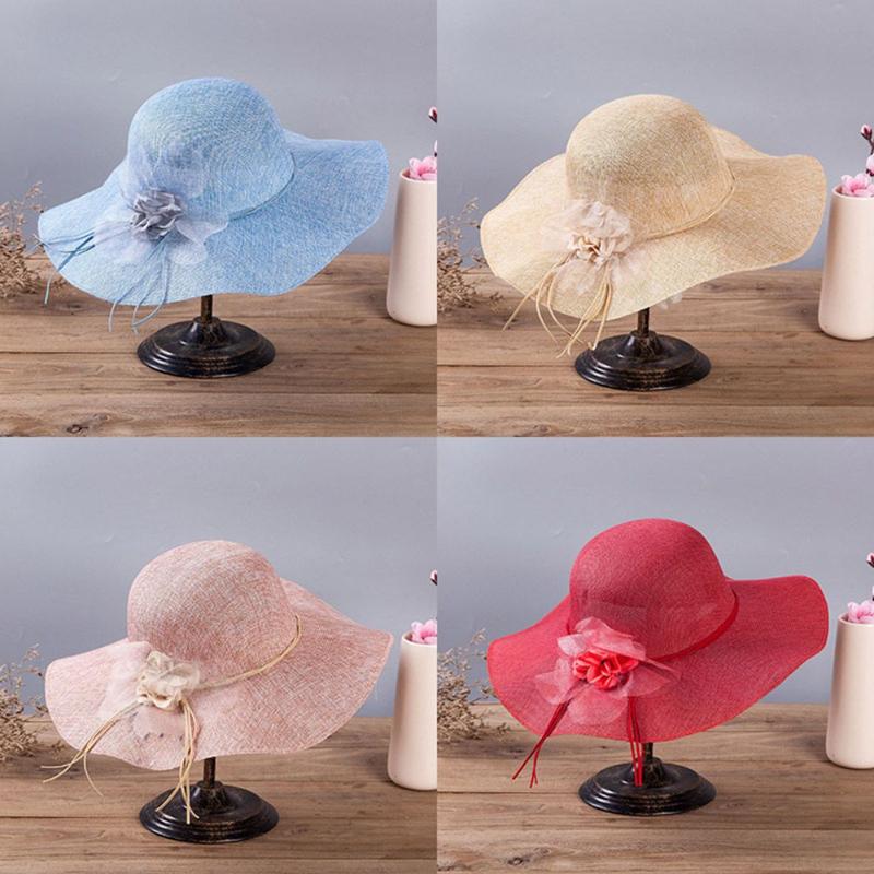 

Fashion Summer Women Foldable Straw Hat Wide Brim Beach Flower Sun Hat Block UV Protect Casual Handmade Outdoor Beach, Red