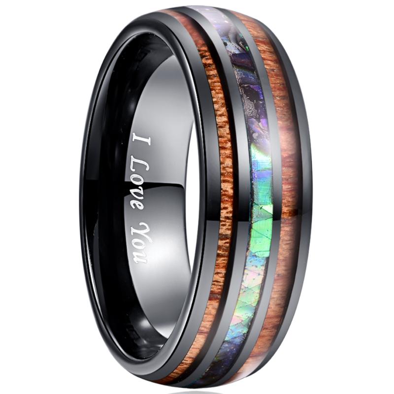 

Fashion No Engrave I Love You 8MM Tungsten Carbide Ring Electroplate Black Inlaid Acacia Abalone Shell Tungsten Steel Men's Ring