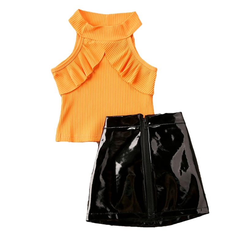 

Summer Botique Kid Baby Girl Lace Sleeveless Top Vest Leather Black Skirt Outfit Clothes Fashion Set, As pic