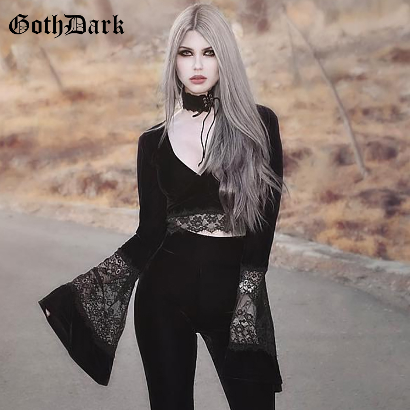 

Goth Dark Sexy Vintage Aesthetic Grunge Gothic T-shirt For Women Harajuku Flare Sleeve Fall 2020 Halloween Tshirt Cropped Mesh, Black