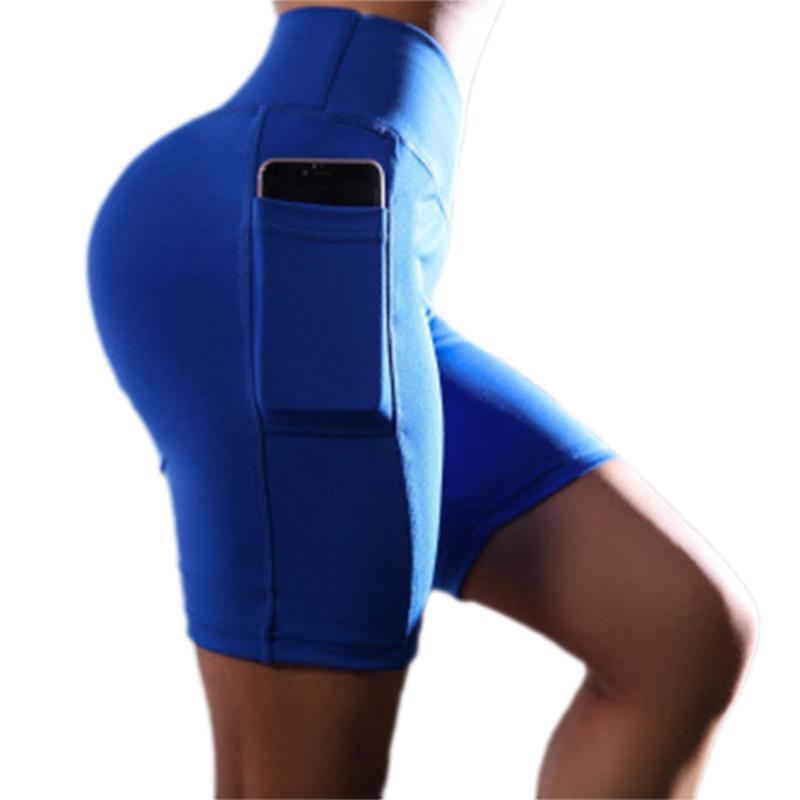 

Summer Women Yoga Shorts High Waist Seamless Hip-up Tight Elastic Sport Shorts With Pockets Push Up Running Fitness Gym Clothes, Blue