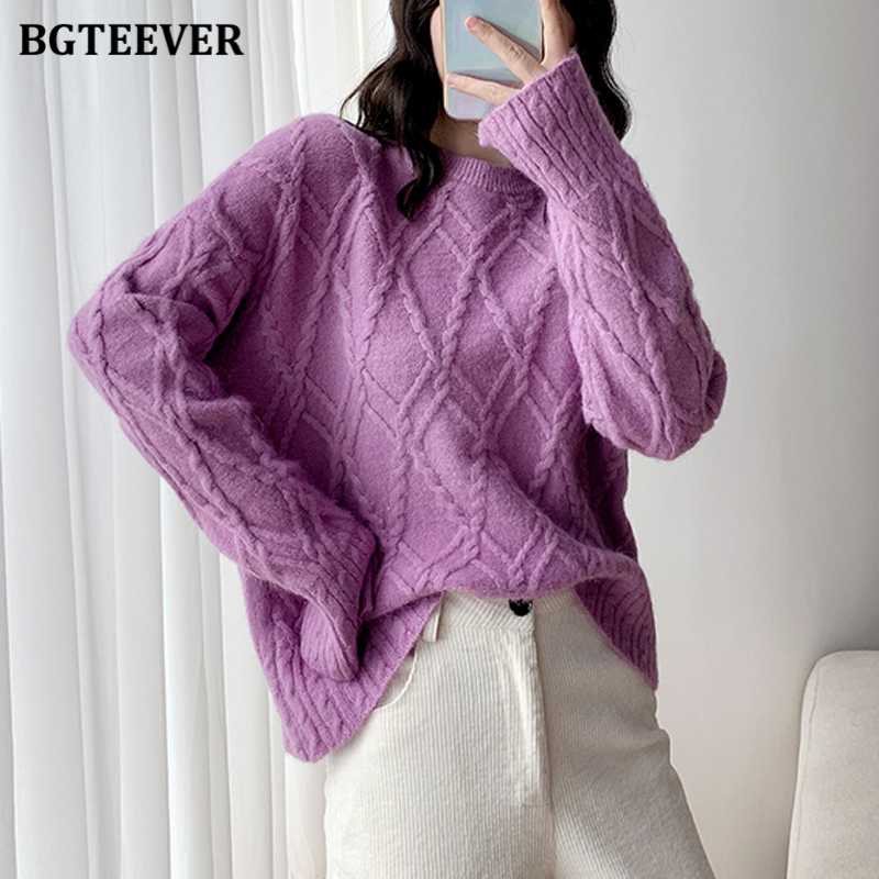 

BGTEEVER Autumn Winter Thick Argyle Female Knitted Jumpers Casual Loose O-neck Pullover Sweaters Women 2020 Knitting Tops, Blue