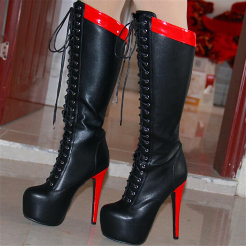 

Super Stylish Women Knee High Boots Nice Platform Round Toe Thin Heels Boots Sexy Black Shoes Woman US Size 4-10.5, X161005