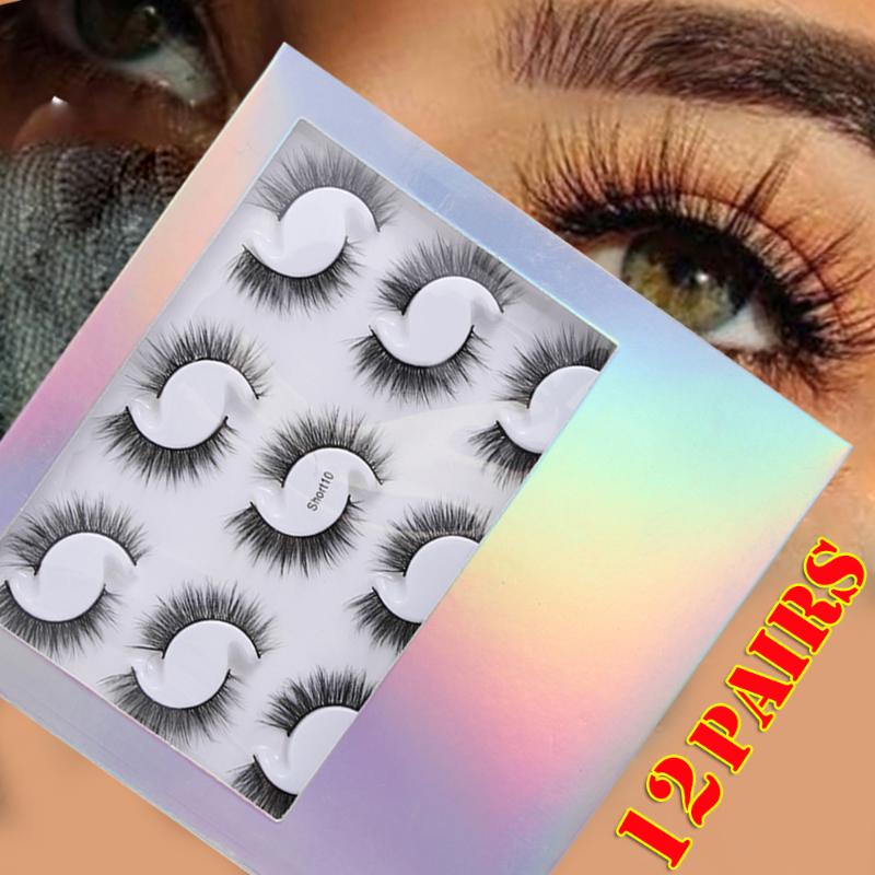 

12 Pairs Mink False Eyelashes Cross Dense Short Natural Cotton Stalk Multilayer Fake Lashes Handmade Resuable Eye Make-up Tools