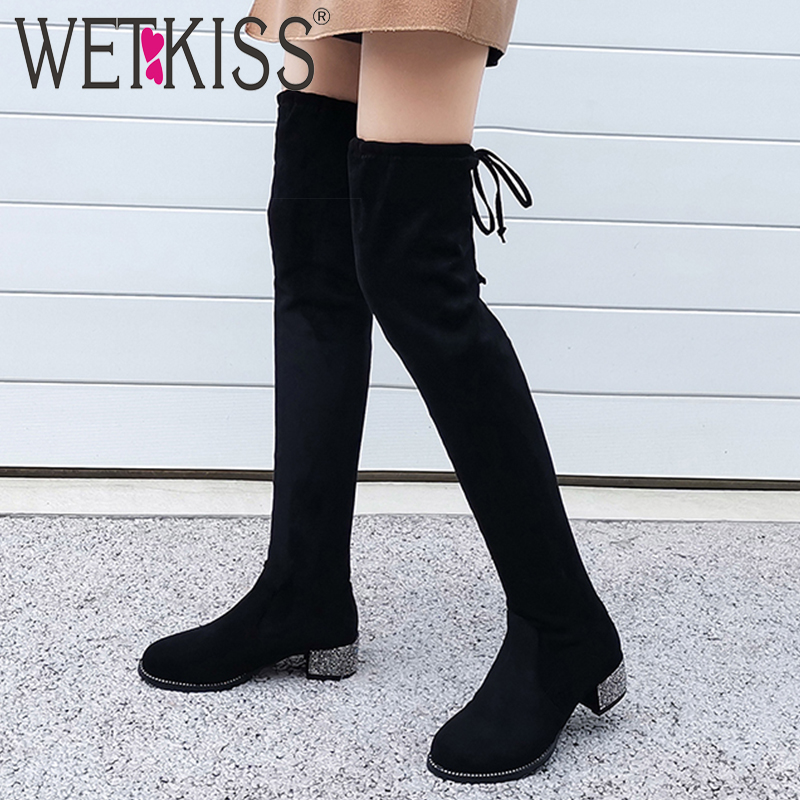 

WETKISS Flock Stretch Boots Women Over The Knee Boot Female Rivet Heels Studded Shoes Ladies Round Toe Cross Tied Shoes Winter, Black short plush